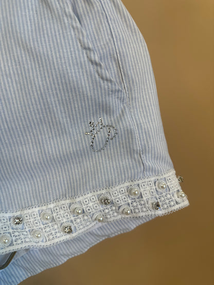Conjunto Infantil Blusa e Shorts Algodão Listrado Renda Bordada - Pituchinhus