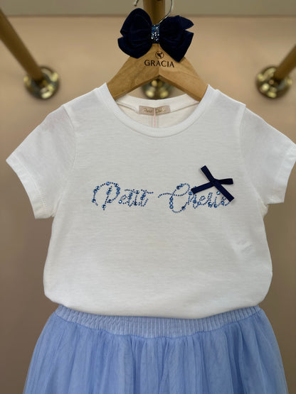 Conjunto Infantil Blusa Strass e Saia Longa Tule Azul Laços - Petit Cherie
