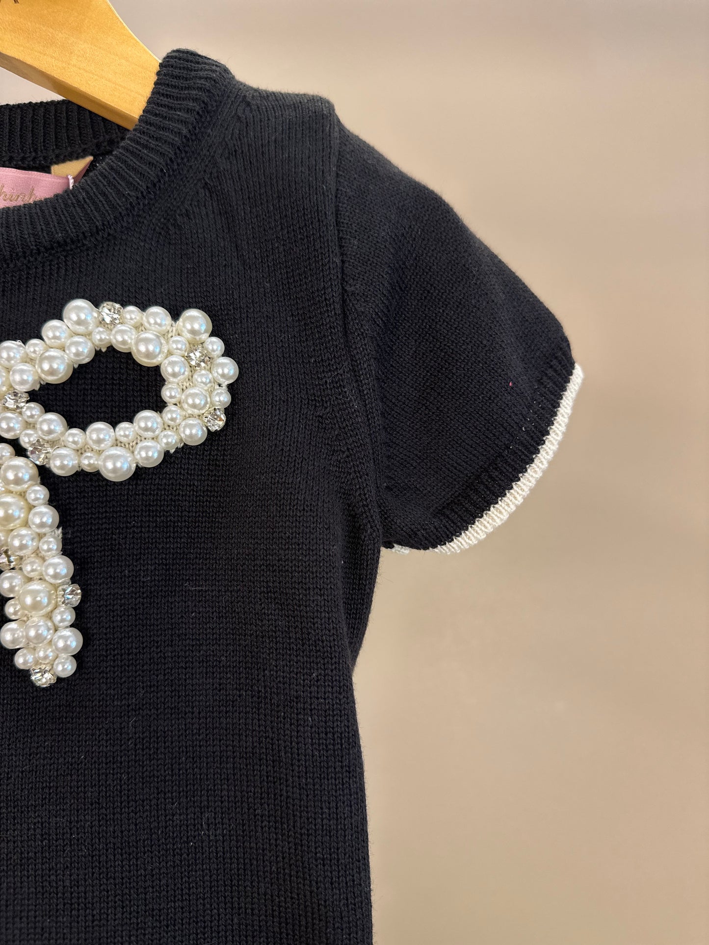Conjunto Infantil Blusa Tricot Maxi Laço Bordado Pérolas Cristais e Calça Flare Lapelas Bordadas Preta - Pituchinhus