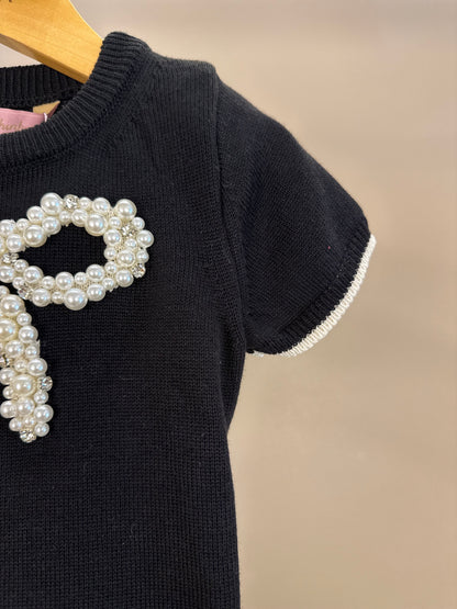 Conjunto Infantil Blusa Tricot Maxi Laço Bordado Pérolas Cristais e Calça Flare Lapelas Bordadas Preta - Pituchinhus