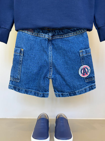 Conjunto Infantil Casaco Gola Polo e Bermuda Jeans Patchs Marvel - Youccie