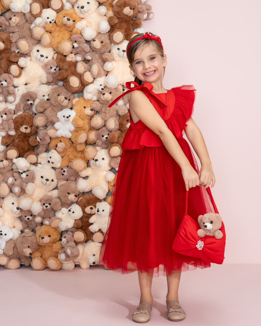 Vestido Infantil Festa Babados, Laço & Tule Vermelho - Pituchinhus