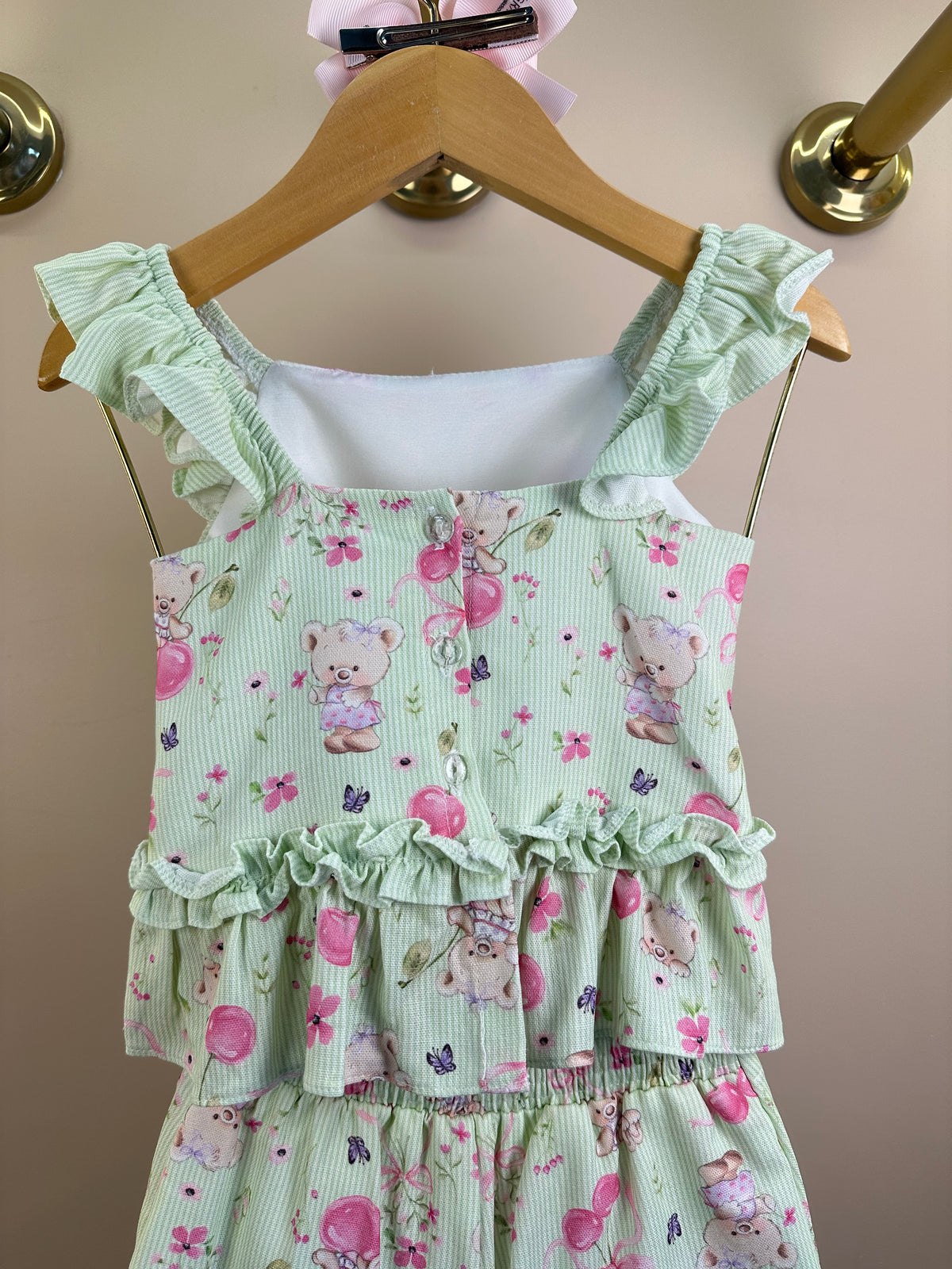 Conjunto Infantil Verde Estampado Blusa Babadinhos e Shorts Saia - Petit Cherie
