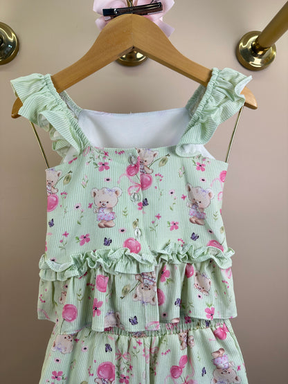 Conjunto Infantil Verde Estampado Blusa Babadinhos e Shorts Saia - Petit Cherie