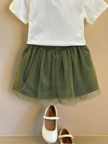 Conjunto Infantil Blusa Tico e Teco Better Together Strass Pérola e Saia Tule Verde Musgo - Momi