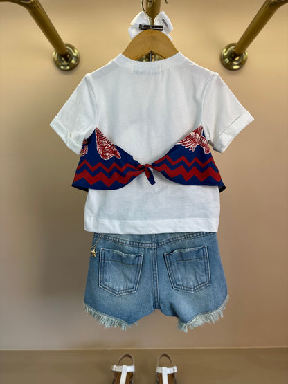 Conjunto Infantil Blusa Lenço Blue Sea e Shorts Jeans Pingentes - Animê