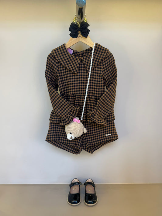 Conjunto Infantil Alfaiataria Casaquinho e Shorts Xadrez com Bolsinha Ursinho - Luluzinha