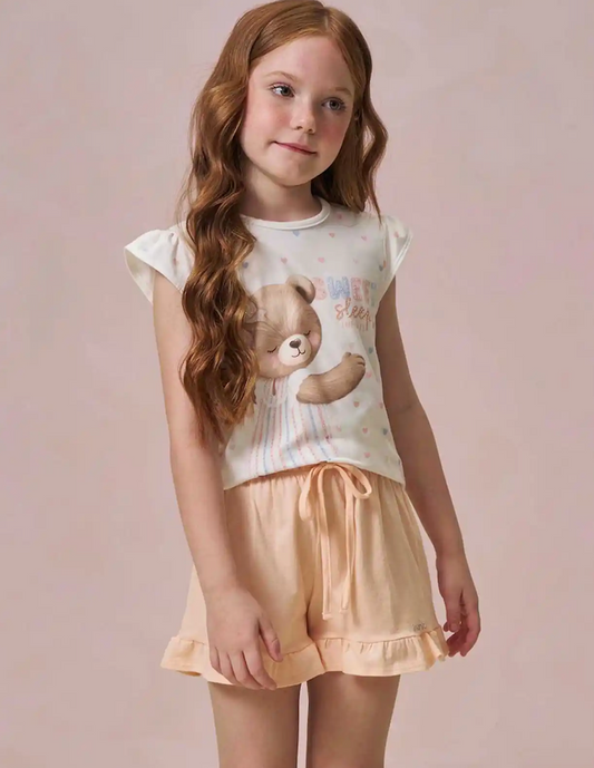 Conjunto Infantil Pijama Blusa Ursinha e Shorts Com Babadinho - Infanti