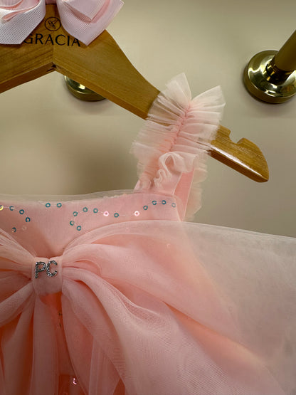 Vestido Infantil Tule Bordado Paêtes Laço Maxxi Rosa - Petit Cherie