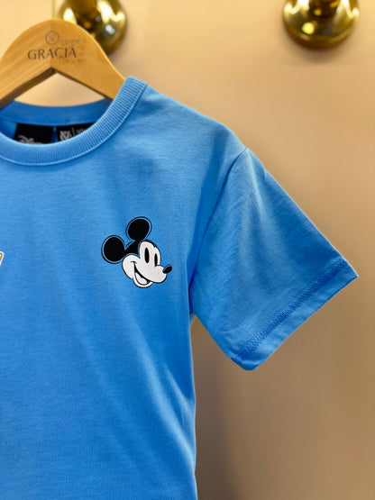 Conjunto Infantil Camiseta Mickey Azul Celeste e Bermuda Moletom Preta - Youccie