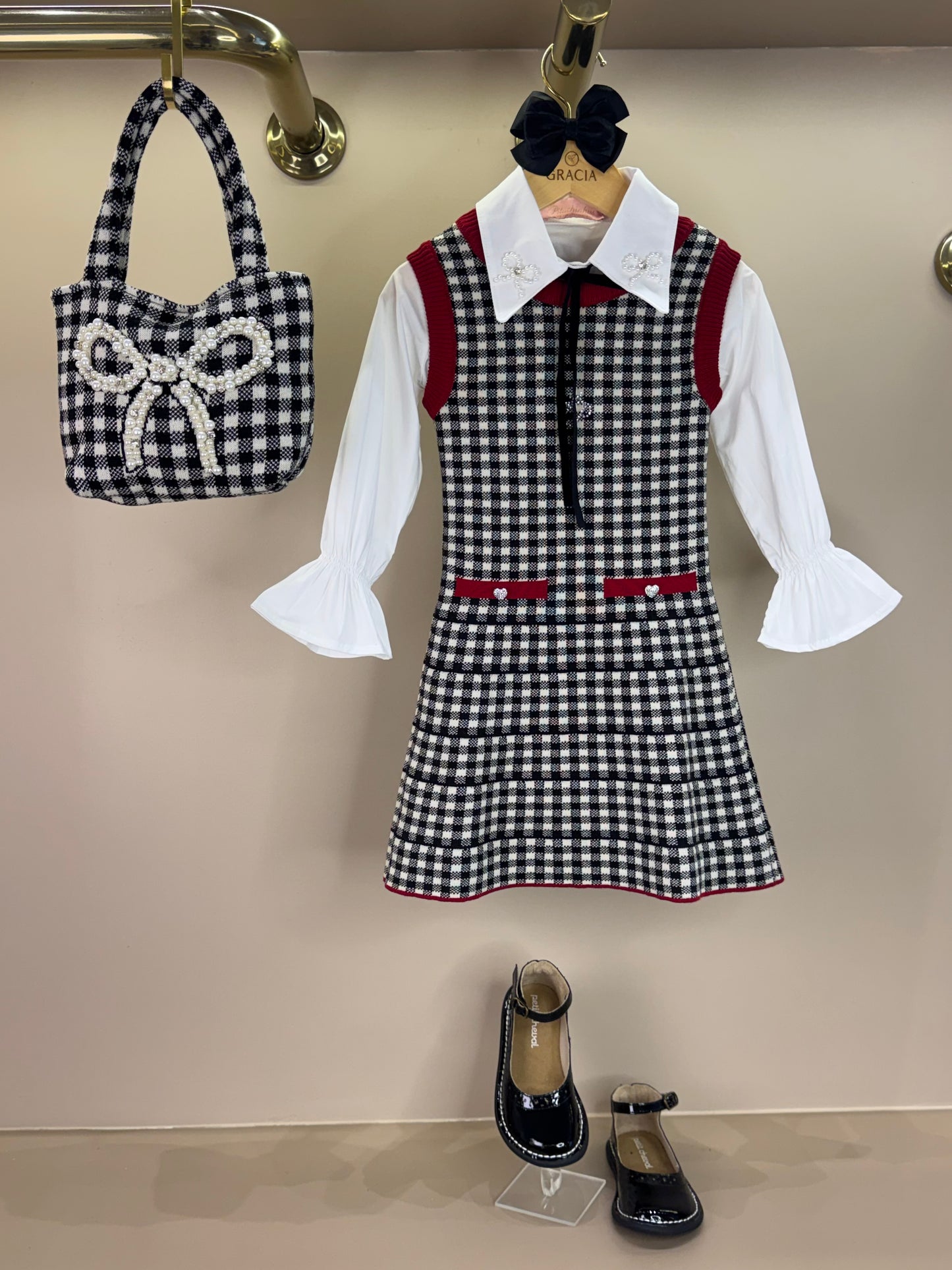 Vestido Infantil Tricot Xadrex Botão Jóia Coração Com Camisa Mini Laços Bordado Fita Veludo - Pituchinhus