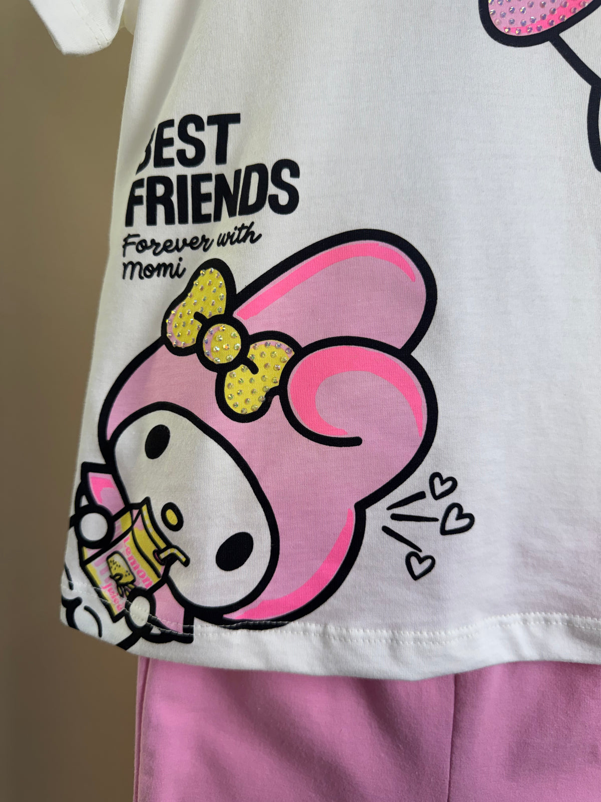 Conjunto Infantil Blusa Hello Kitty e My Melody e Shorts Legging Ciclista Rosa - Momi