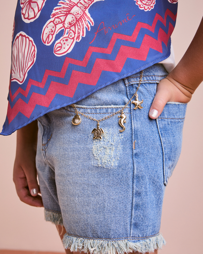 Conjunto Infantil Blusa Lenço Blue Sea e Shorts Jeans Pingentes - Animê