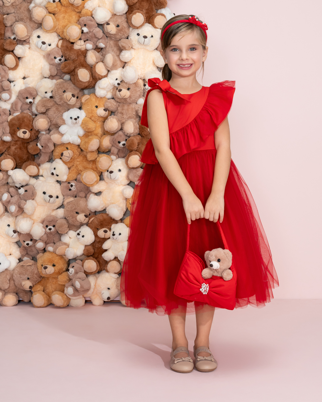 Vestido Infantil Festa Babados, Laço & Tule Vermelho - Pituchinhus