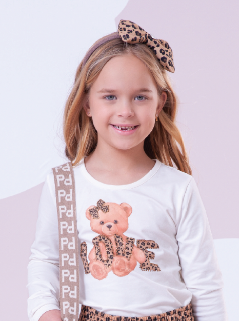 Blusa Infantil Cotton Ursinha Love Off White - Pituchinhus