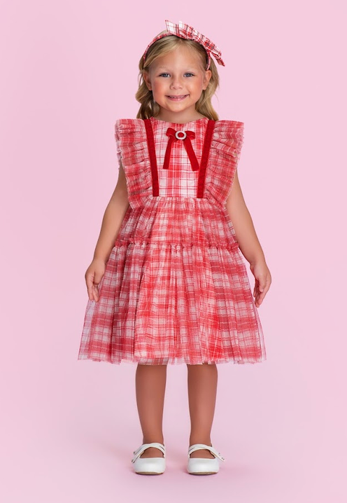 Vestido Infantil Xadrez Vermelho com Babados nos Ombros e Laços Vermelho no Centro - Petit Cherie