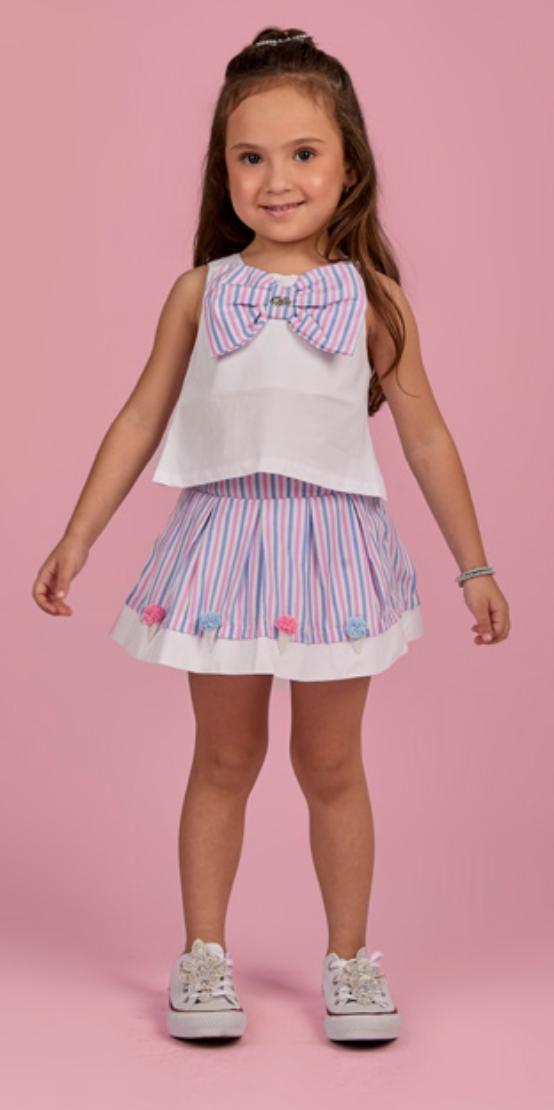 Conjunto Infantil Blusa Laço e Saia  Bordado Sorvetinho - Gabriela Aquarela