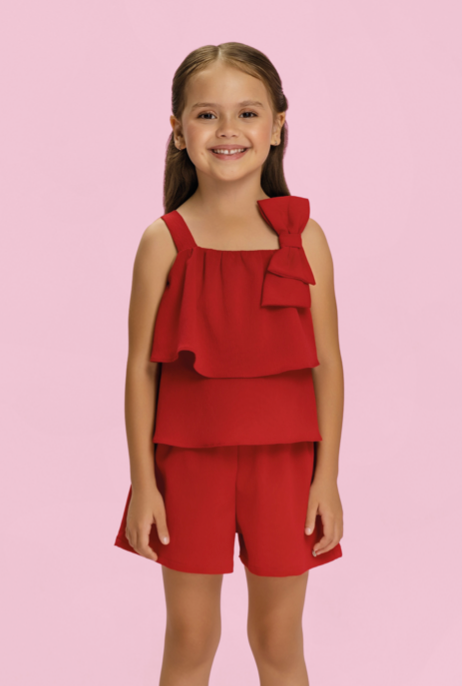 Conjunto Infantil Blusa Babado Laço Lateral e Shorts Vermelho - Mon Sucre
