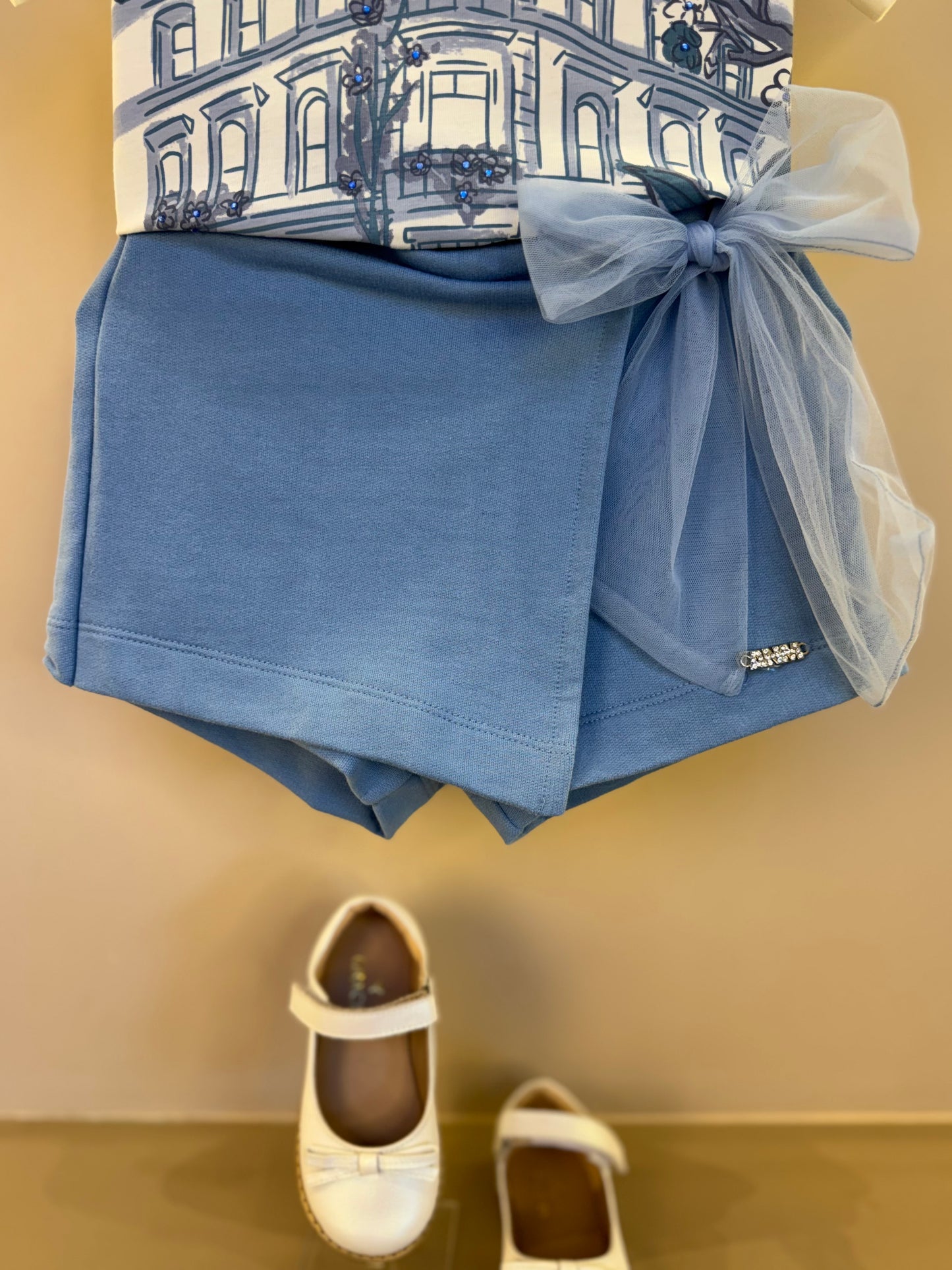 Conjunto Infantil Blusa Urban Blossom e Shorts Azul Laço Tule - Animê
