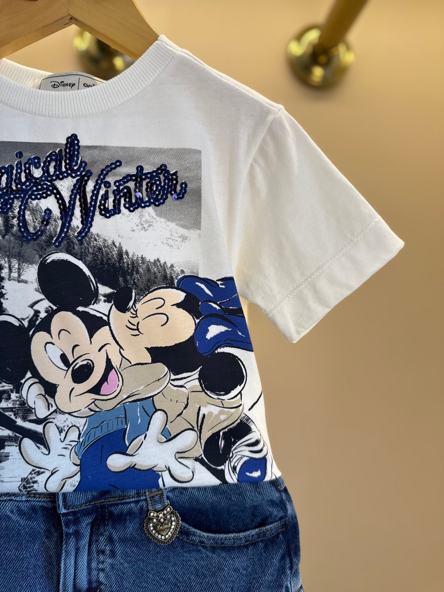 Conjunto Infantil Blusa Minnie & Mickey Lantejoulas e Saia Jeans Balonê Mini-Joia - Animê