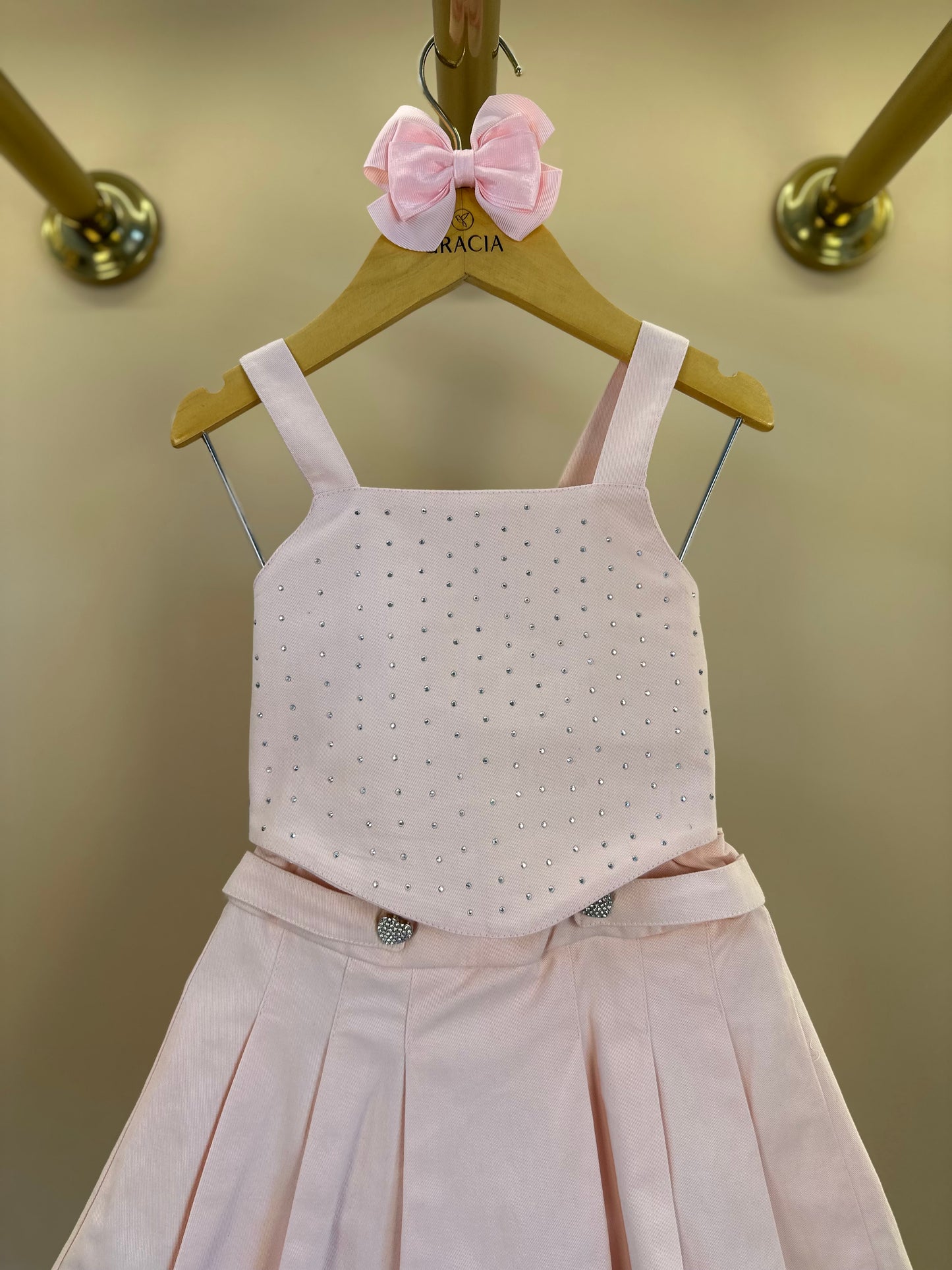 Conjunto Infantil Blusa Pétala Cristais e Saia Pregas Rosa - Gabriela Aquarela