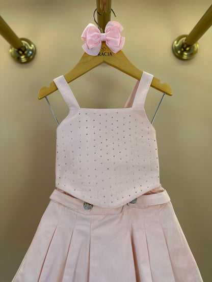 Conjunto Infantil Blusa Pétala Cristais e Saia Pregas Rosa - Gabriela Aquarela
