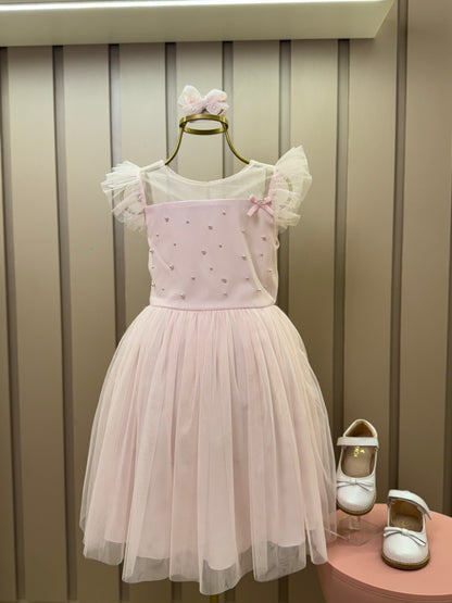 Vestido Infantil Festa Tule Poly Mesh Pérolas e Lacinho Aplicado Rosa - Petit Cherie
