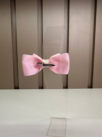 Presilha Infantil Laço Rosa Bordado Flores e Miolo Pérolas- Roana