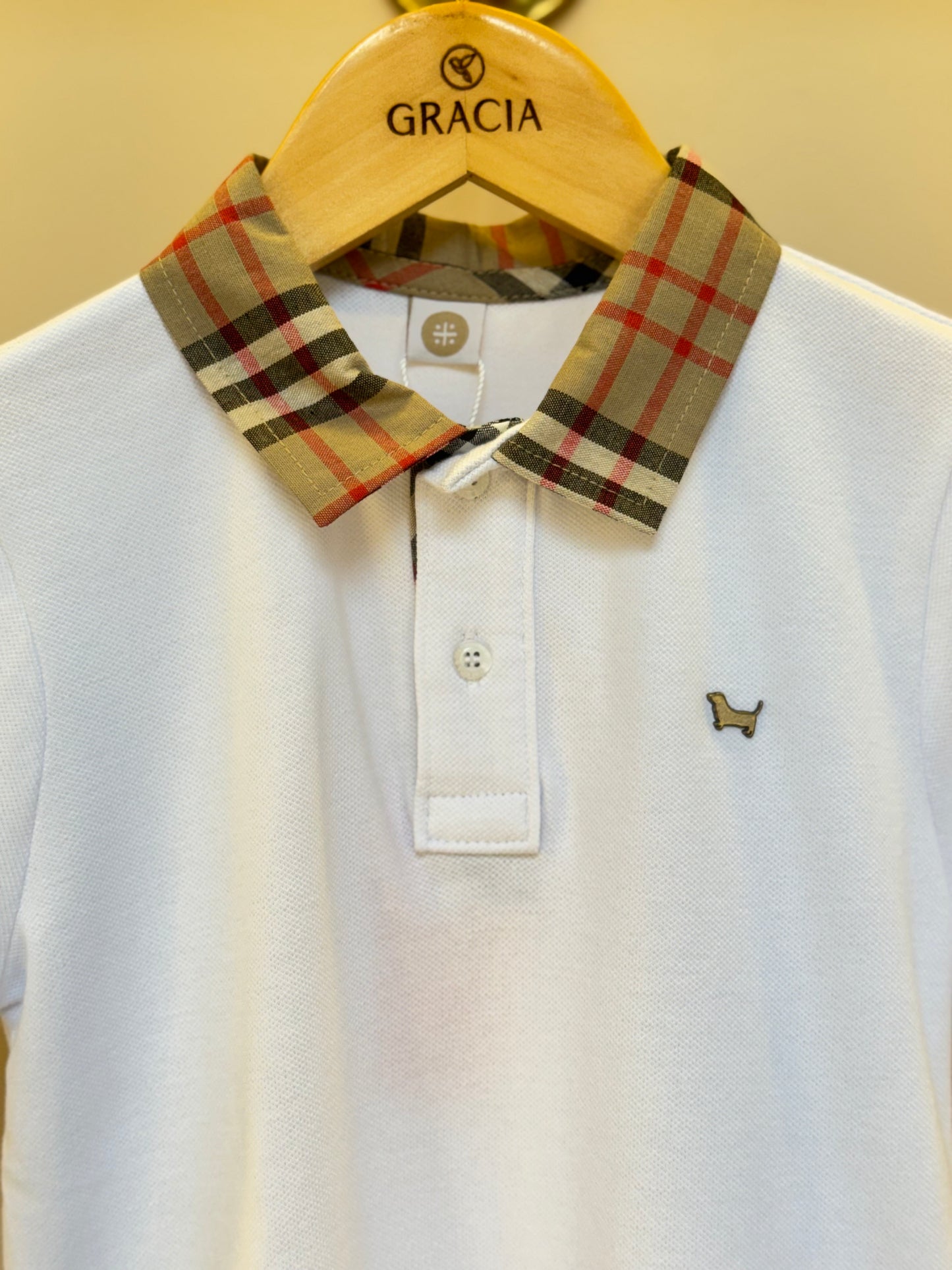 Polo Infantil Piquet Gola Tricoline Xadrez Branca - Um Mais Um