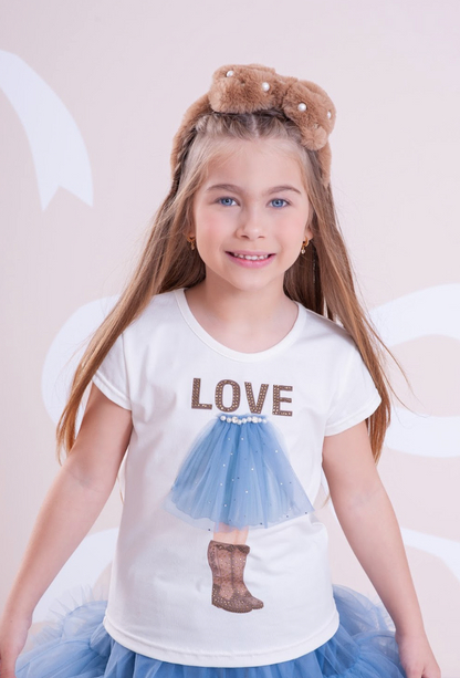 Conjunto Infantil Blusa Cotton Menina Love Off White e Saia-Shorts Bouclé Pérolas - Pituchinhus