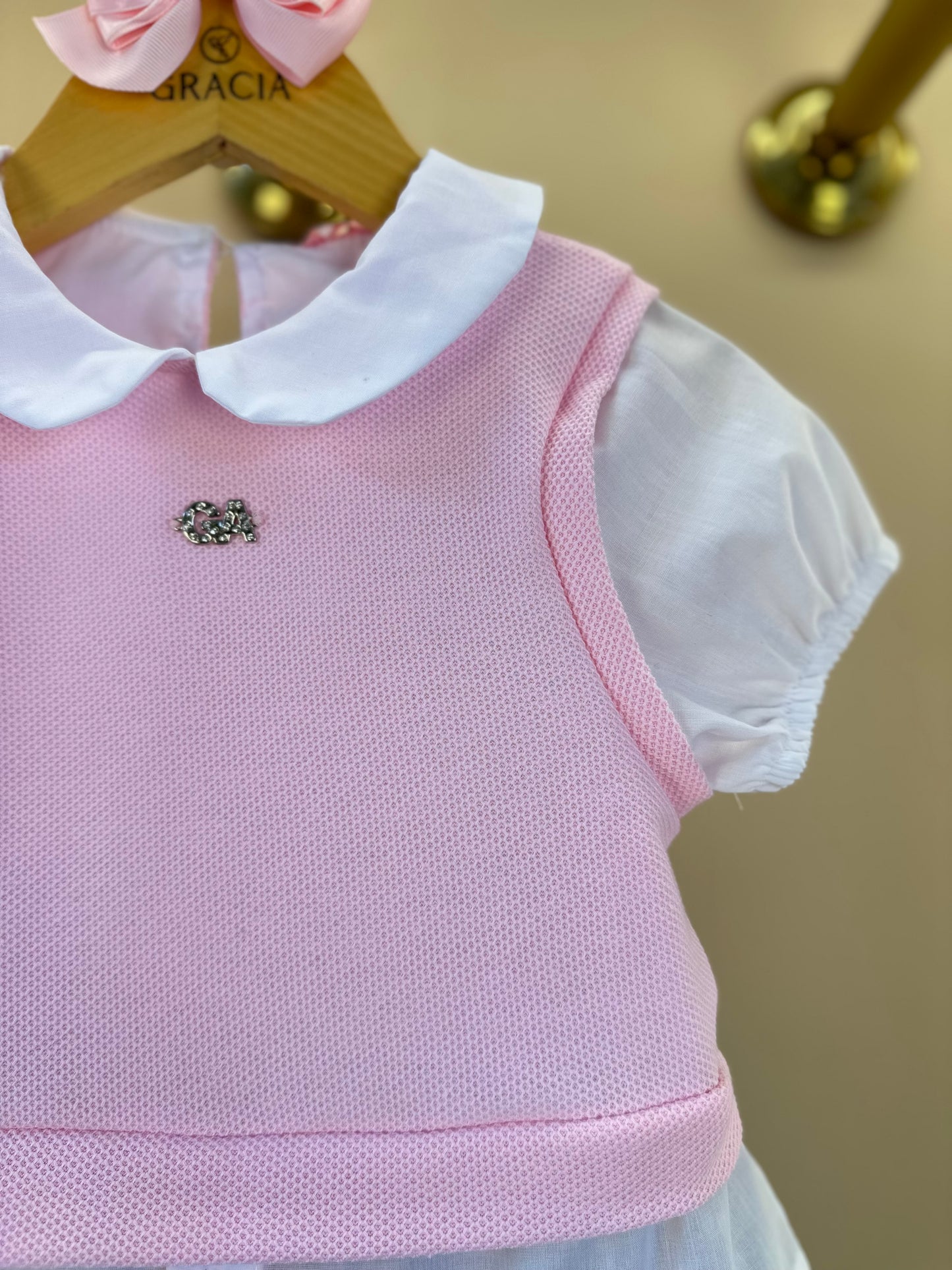 Conjunto Infantil Blusa MC com Tricot Rosa e Saia Pregas Ursinhos - Gabriela Aquarela