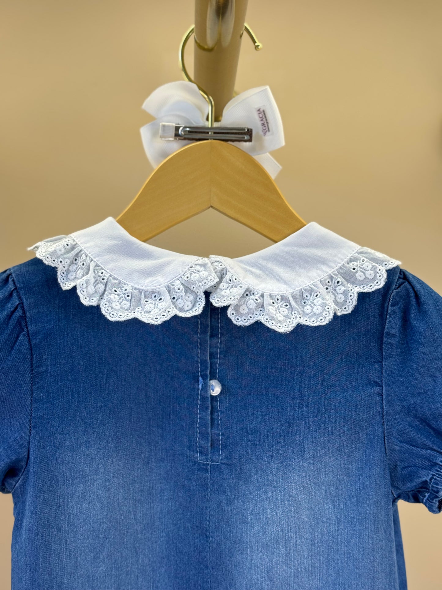 Vestido Infantil Jeans Gola Babadinho Bordado Laço - Gabriela Aquarela