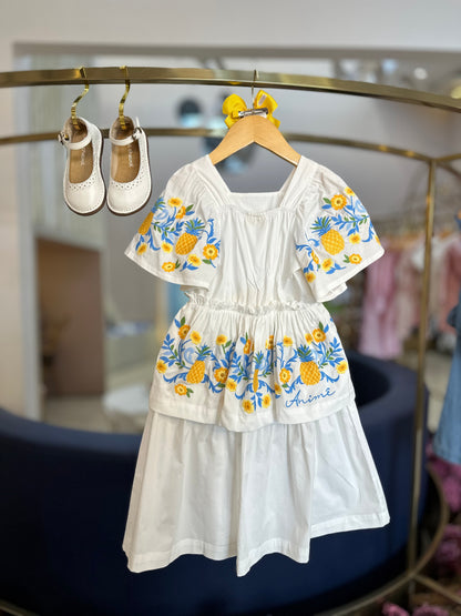 Vestido Infantil Conceito Babados Bordado Abacaxi - Animê