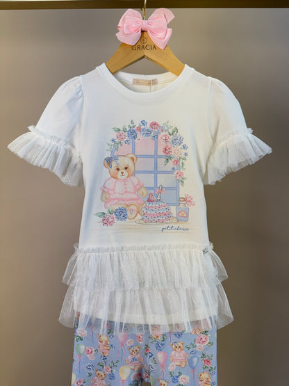 Conjunto Infantil Blusa Mangas Babadinho Em Tule e Calça Legging Estampa Ursinhas - Petit Cherie