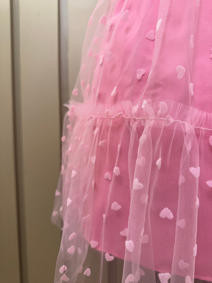 Vestido Infantil Trapézio Tule Corações Rosa Balé - Mon Sucré
