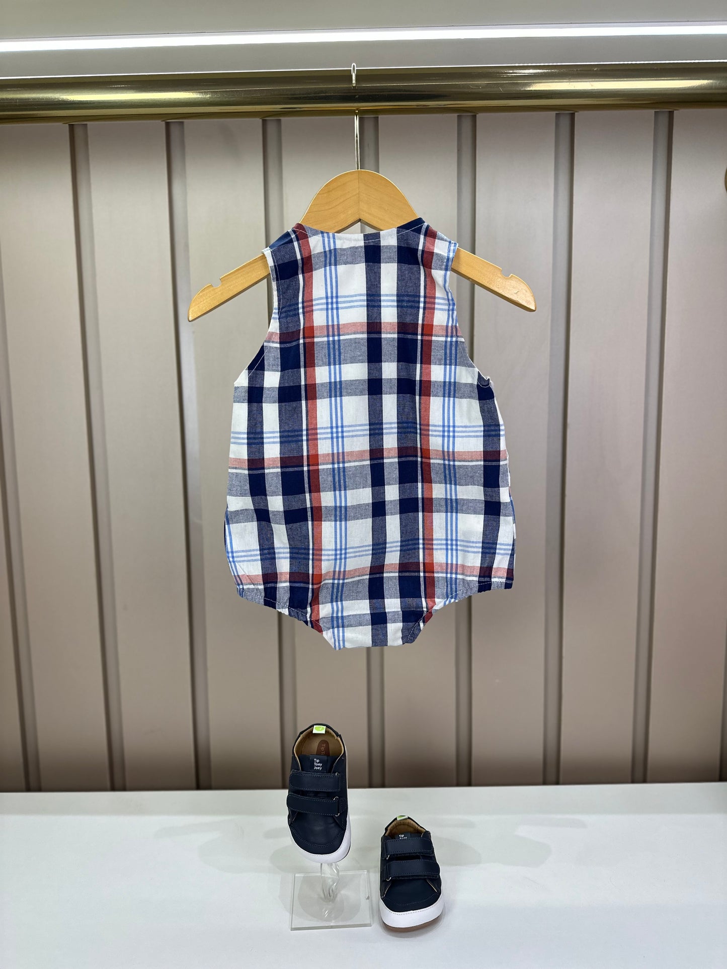 Romper Bebê Fofinho Tricoline Xadrez Fio Tinto Azul - Um Mais Um