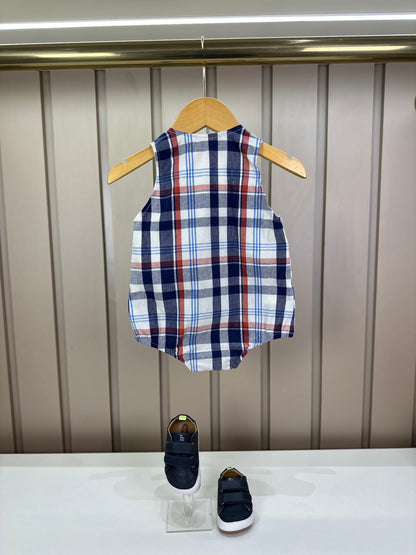 Romper Bebê Fofinho Tricoline Xadrez Fio Tinto Azul - Um Mais Um