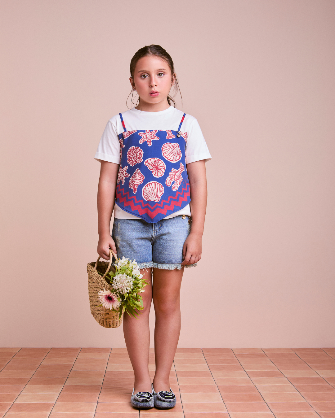 Conjunto Infantil Blusa Lenço Blue Sea e Shorts Jeans Pingentes - Animê