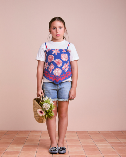 Conjunto Infantil Blusa Lenço Blue Sea e Shorts Jeans Pingentes - Animê