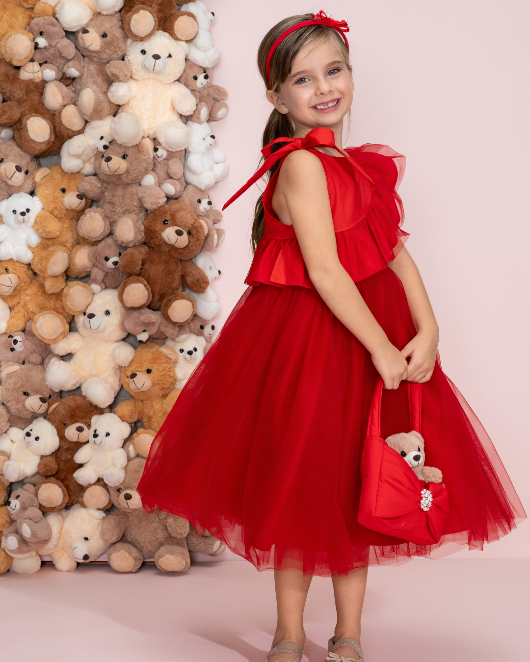 Vestido Infantil Festa Babados, Laço & Tule Vermelho - Pituchinhus
