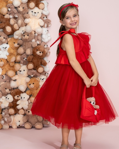 Vestido Infantil Festa Babados, Laço & Tule Vermelho - Pituchinhus