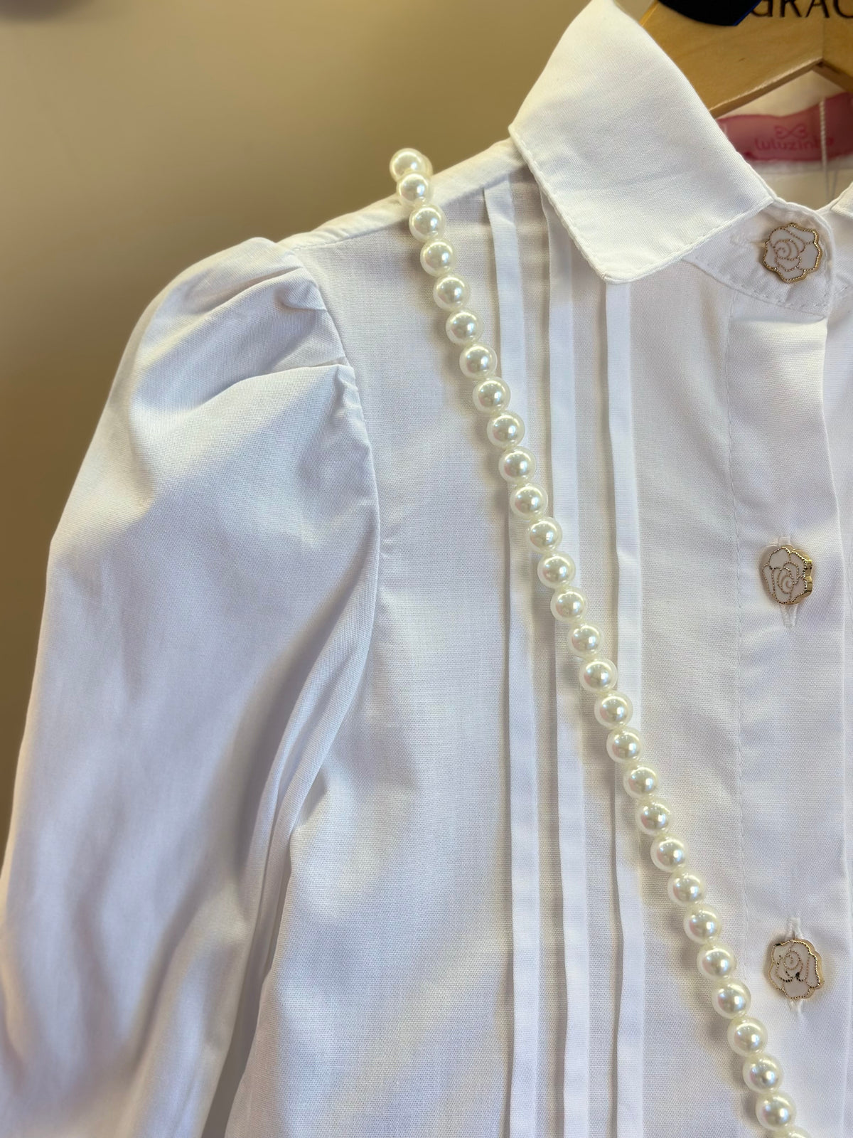 Conjunto Infantil Camisa Babadinhos Punho Pregas Branca e Saia  Jeans Pochete Laço Pérolas - Luluzinha