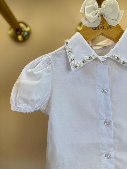Camisa Infantil Algodão Gola Cristais Branca - Gabriela Aquarela