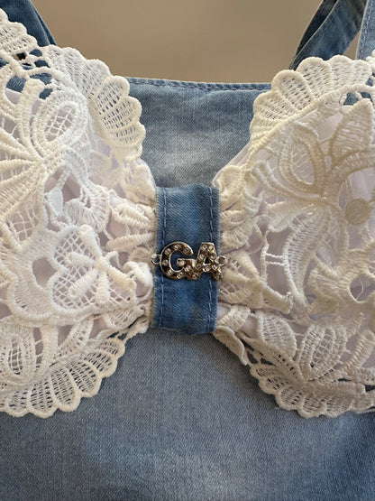 Conjunto Infantil Cropped Maxi Laço Renda e Calça Wide Jeans - Gabriela Aquarela
