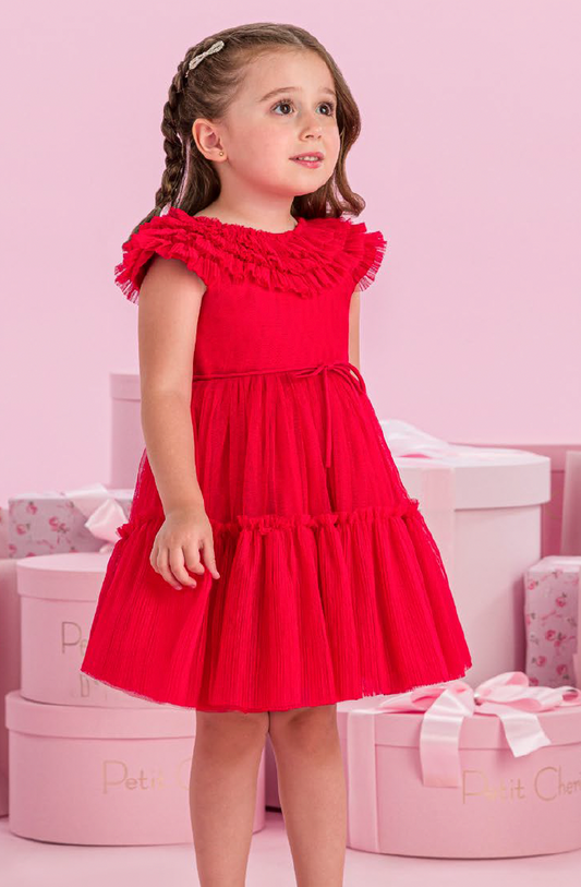 Vestido Infantil Tule Vermelho Gola Babados e Laço Cintura - Petit Cherie