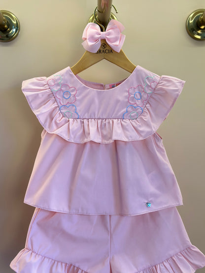 Conjunto Infantil Tricoline Blusa Bordada Flores e Shorts Babadinhos Rosa - Mon Sucré