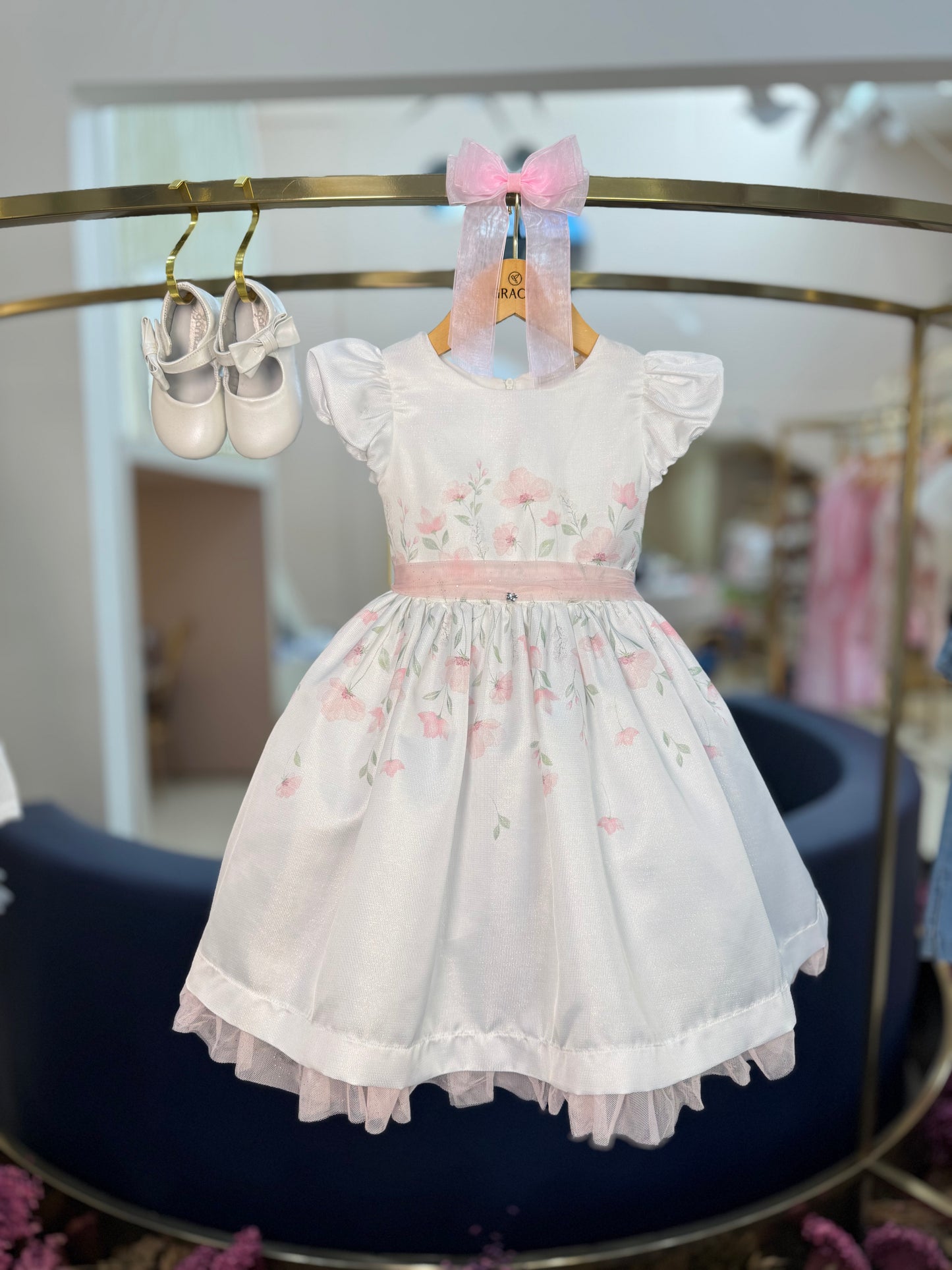 Vestido Infantil Festa Tule Rosa Flores - Petit Cherie