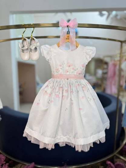 Vestido Infantil Festa Tule Rosa Flores - Petit Cherie