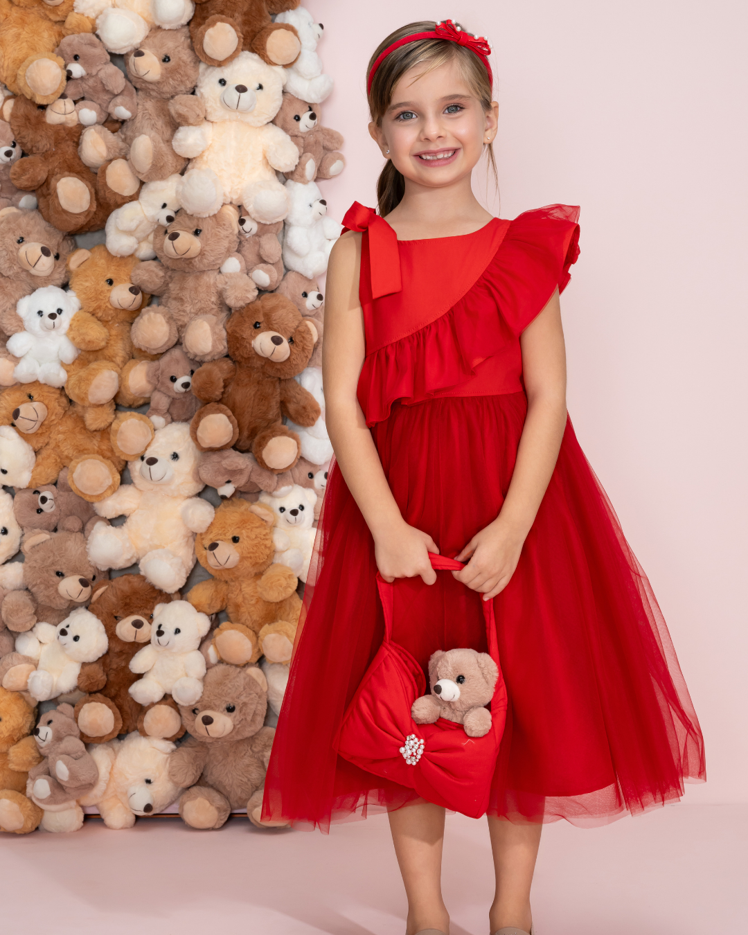Vestido Infantil Festa Babados, Laço & Tule Vermelho - Pituchinhus