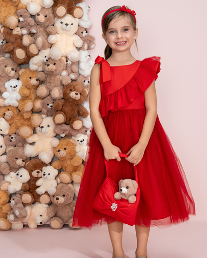 Vestido Infantil Festa Babados, Laço & Tule Vermelho - Pituchinhus